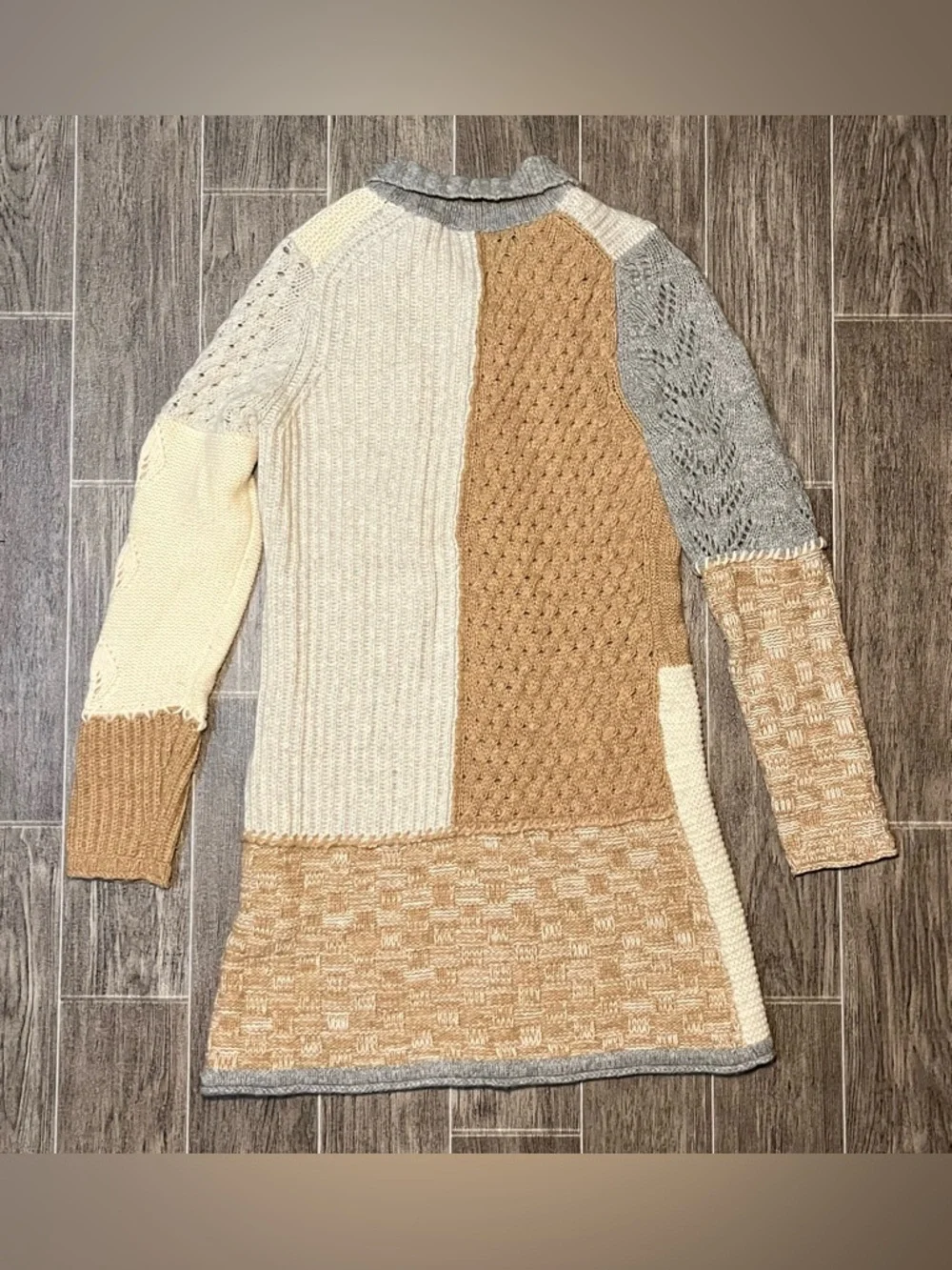 Sundance Patchwork Knit Duster Sweater Gray Tan Cream Lambswool Womens Small - Picture 6 of 8